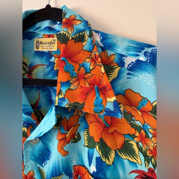 Vintage 70s Authentic Hawaiian Luau Shirt Mens M Hibiscus Floral Ocean Blue - Picture 3 of 15